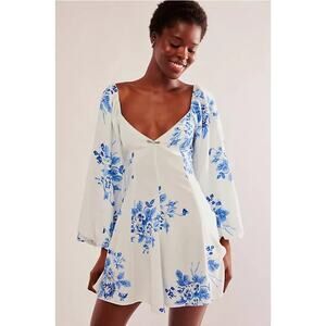 Free People White and Blue Floral Mini Dress
